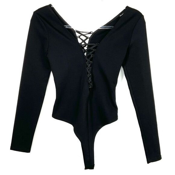 True Religion Black Double Lace Up Deep V Long Sleeve Bodysuit XS New - Picture 1 of 5